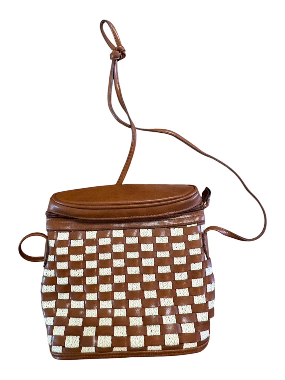 Vintage Saddle River Woven Leather Crossbody Bag Brown Tan Checkerboard Boho